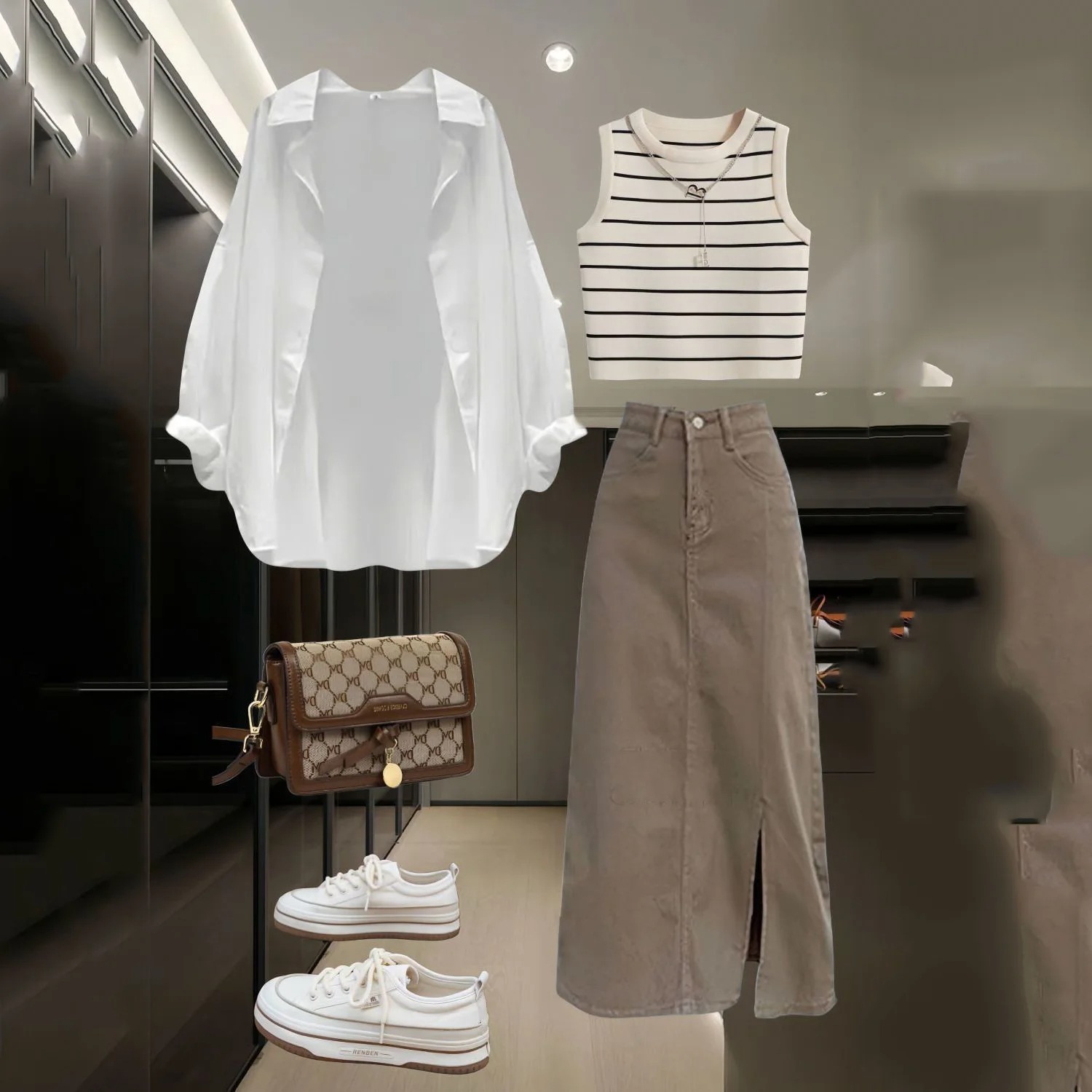 簡約三件式套裝 白襯衫×條紋背心×長裙 層次穿搭款