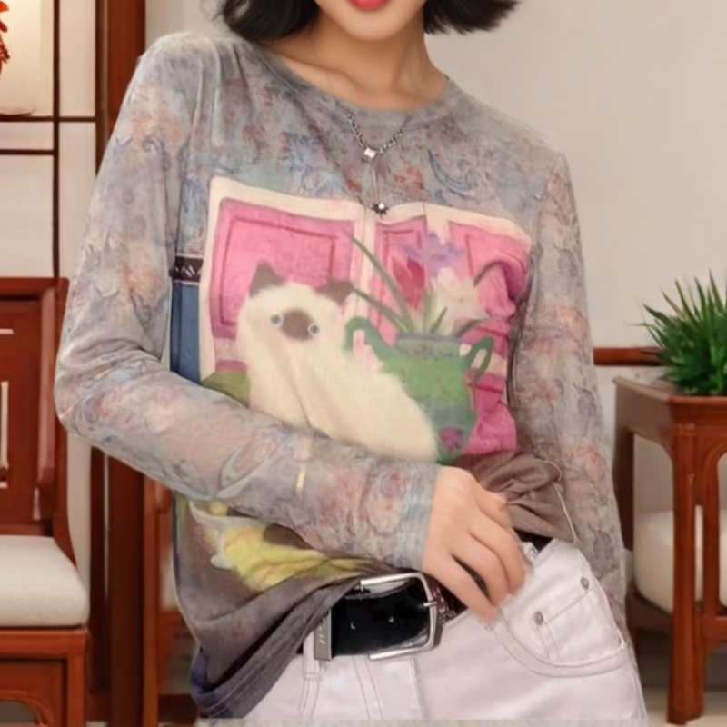 雙層網紗貓咪印花長袖上衣 輕薄透氣修飾身形款