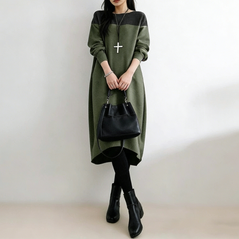 撞色拼接長版洋裝 寬鬆剪裁 圓領設計 秋冬耐看百搭