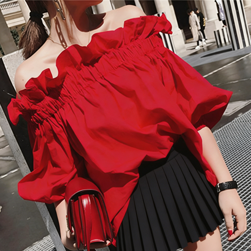 韓系浪漫一字領鬆緊紅色上衣 五分袖設計感襯衫 顯白亮紅鬆緊抓皺