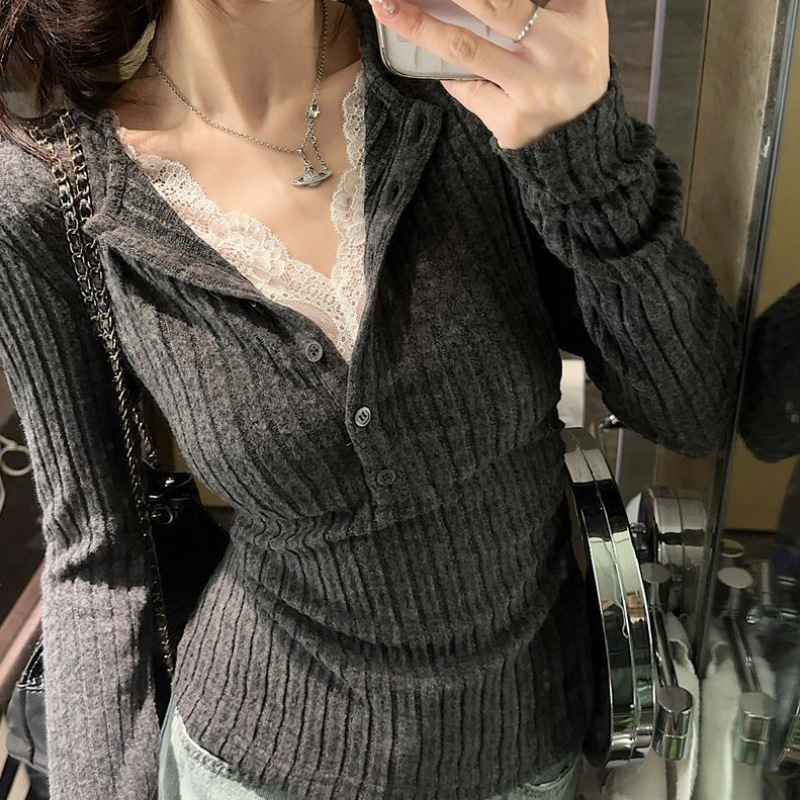 假兩件蕾絲拼接針織上衣 坑條羅紋 秋冬收腰修身長袖打底款