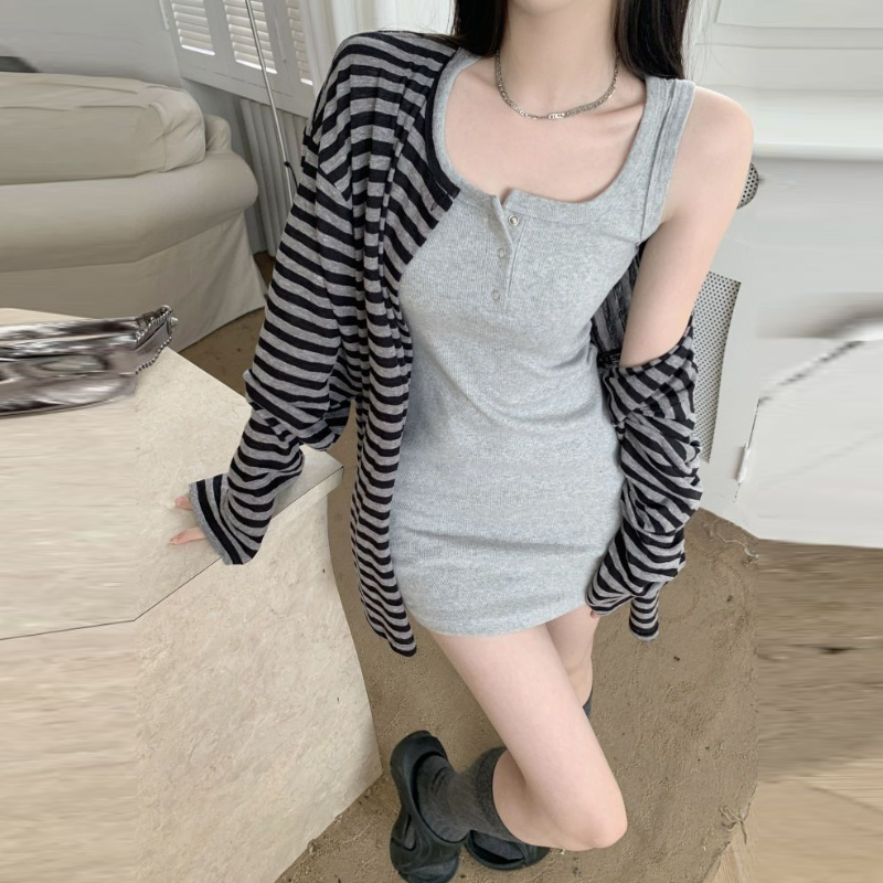 條紋針織開襟外套＋背心洋裝｜兩件式 甜辣風 修身顯瘦（長版／短版）