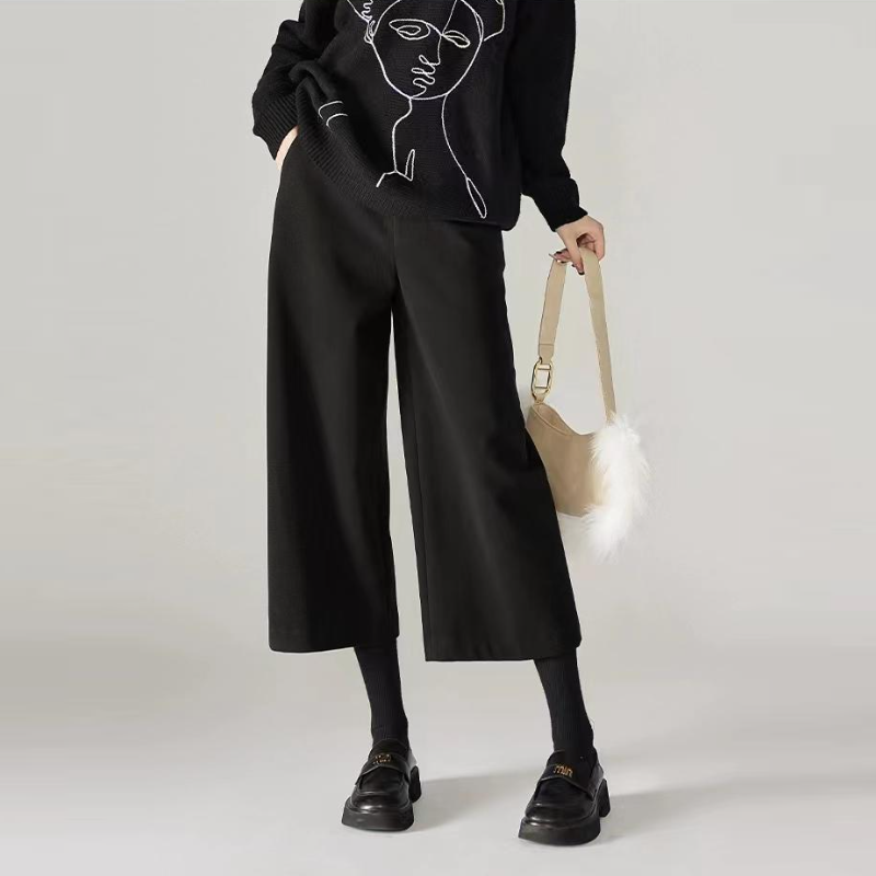 毛呢八分寬褲 秋冬新款休閒寬鬆顯瘦