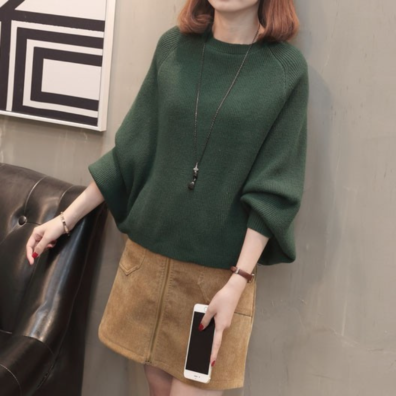 慵懶風蝙蝠袖寬鬆針織上衣 圓領套頭設計 秋冬氣質毛衣