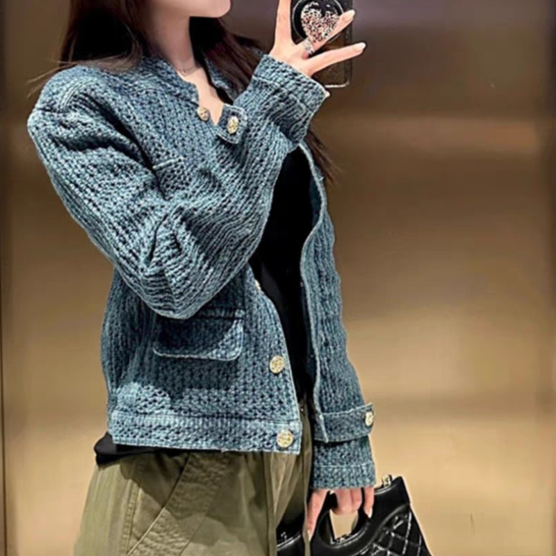 小香風丹寧短版外套 立領金釦 藍色復古感 外搭