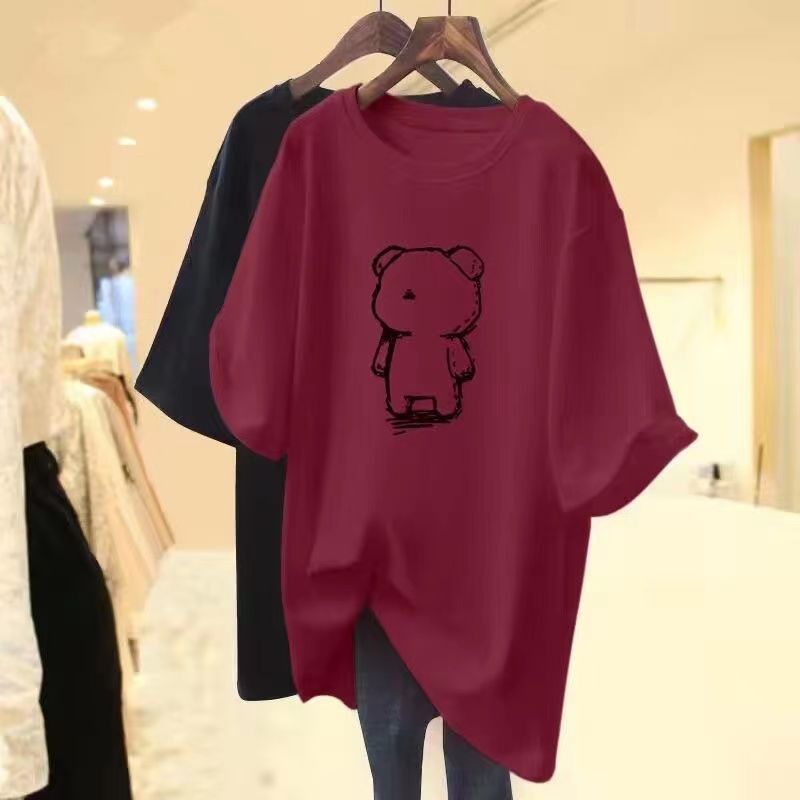 純棉熊熊印花寬鬆短袖T恤 中長版休閒百搭款