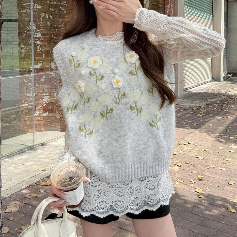 【單品可選】韓系提花針織背心+蕾絲拼接上衣 秋季寬鬆慵懶風背心 花卉刺繡設計