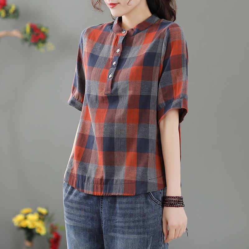 昭和風窗格紋棉麻罩衫 大尺碼衬衫上衣