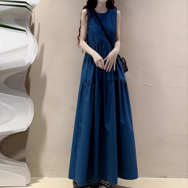 文青風無袖大擺長洋裝 寬鬆A字剪裁 及踝長度 氣質藍色洋裝