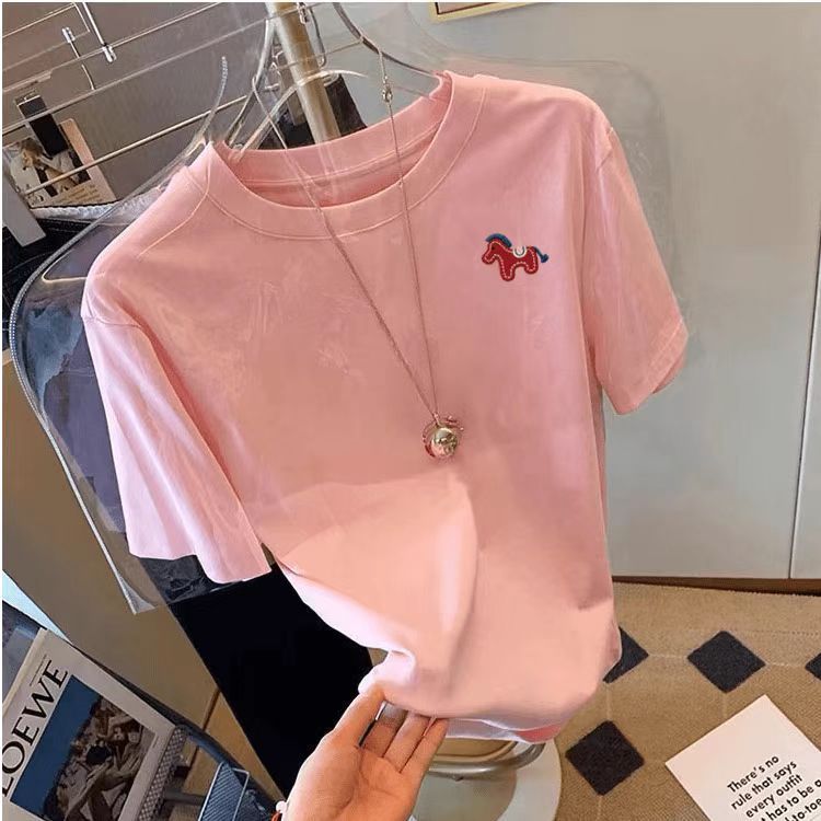 S-4XL純棉小馬刺繡短袖T恤 正版型簡約百搭酒紅上衣