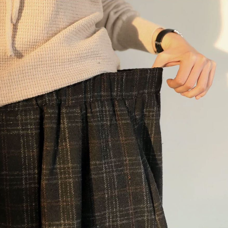 簡約．秋冬格子毛呢褲裙寬褲鬆緊腰