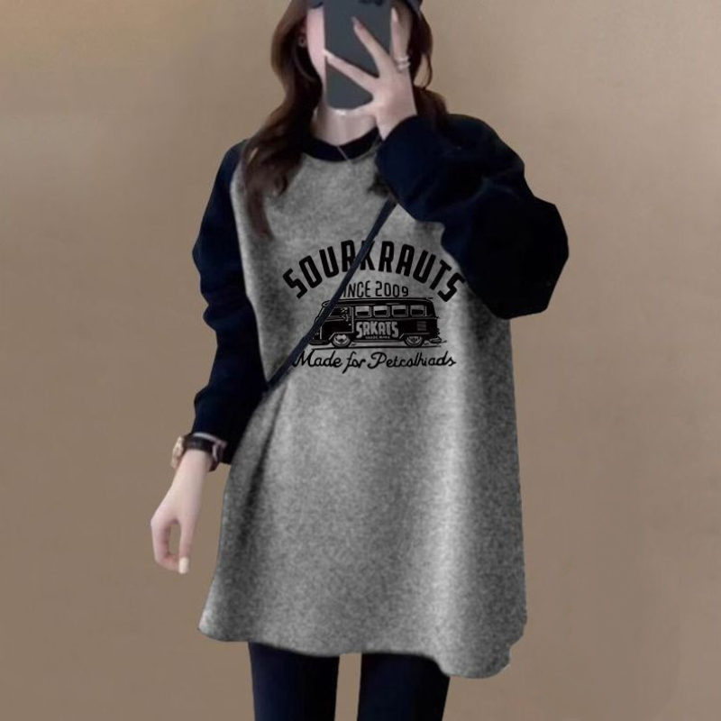 長版拼色磨毛上衣 寬鬆顯瘦 加厚保暖 搭配鯊魚褲超好看