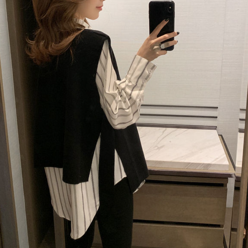 韓系 ‧ 條紋襯衫上衣+黑色針織背心兩件套