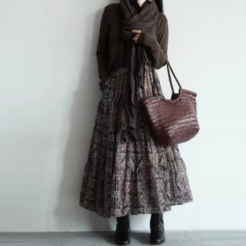 韓系 ‧ 復古文藝風印花半身裙日常通勤大裙擺