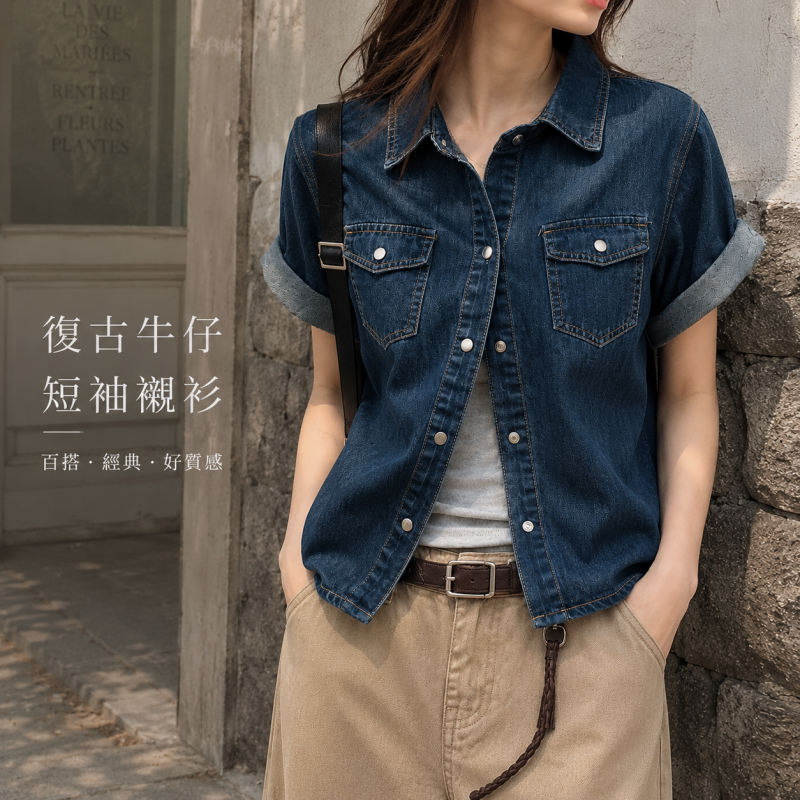 復古牛仔短袖襯衫 雙口袋設計 美式休閒上衣
