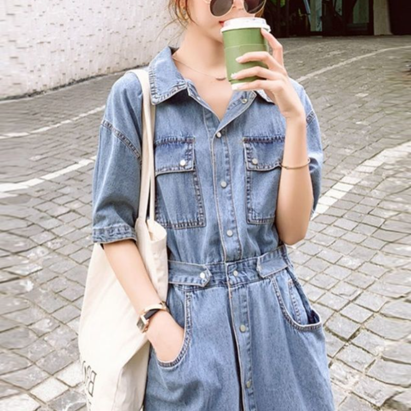 甜美日系收腰牛仔連身裙 顯瘦氣質中長A字裙