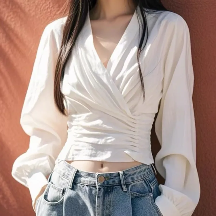 白色V領抽褶襯衫 早秋新款 法式設計感 輕熟有型