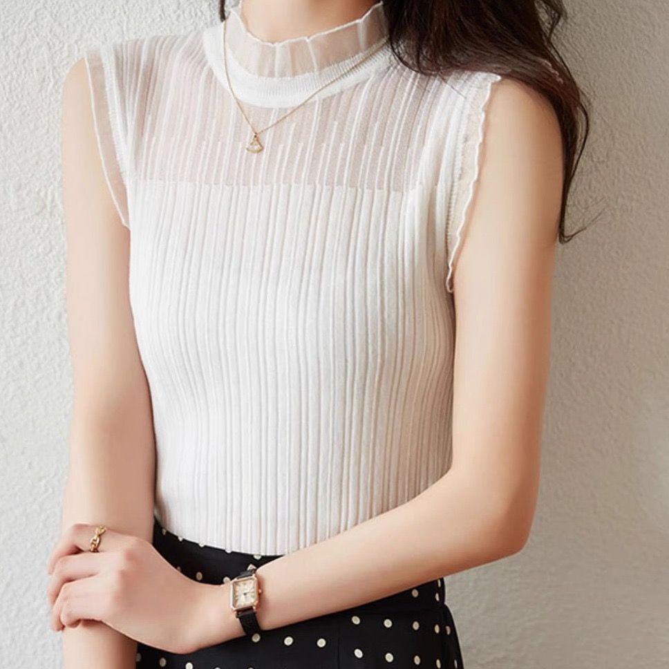 蕾絲拼接小高領無袖針織上衣 西裝內搭首選