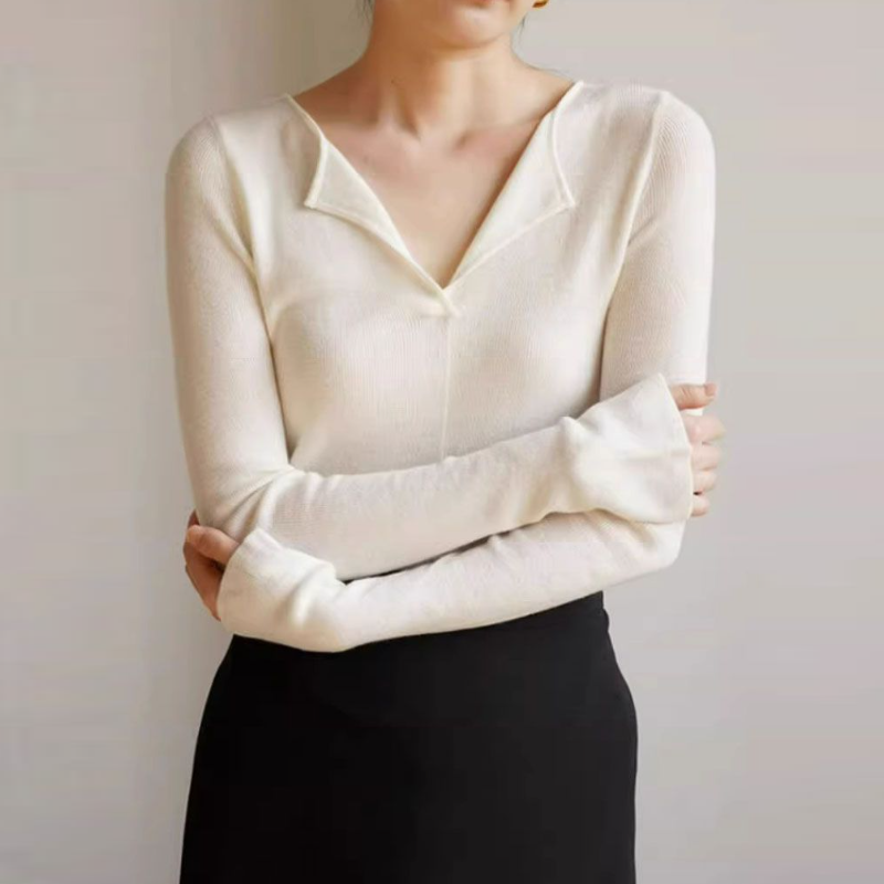 法式開領V領貼身針織上衣 秋冬長袖 羅紋彈性 內搭外穿 高級感