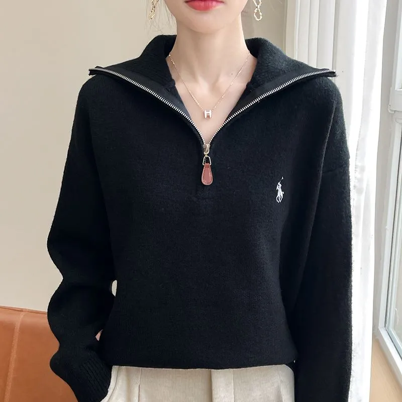 拉鏈翻領針織上衣 寬鬆設計 秋冬必備