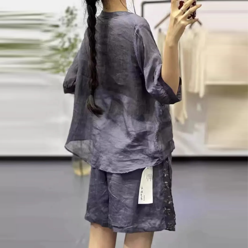 簡約 ‧ 文藝復古印花短袖上衣+短褲(兩件套) 透氣抽繩短褲套裝