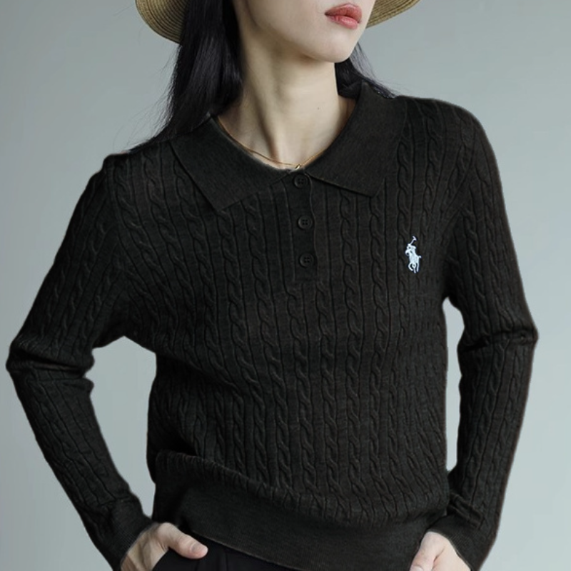 復古灰色翻領刺繡針織衫 通勤麻花毛衣顯瘦上衣