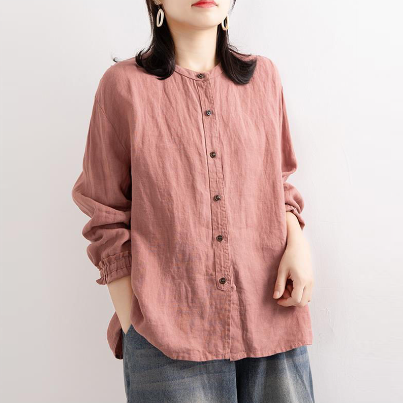 棉麻圓領襯衫外套 文青復古感 春秋長袖 寬鬆版 袖口縮口 好搭上衣