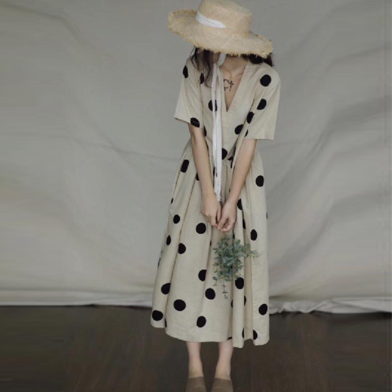 文藝復古波點棉麻長洋 大碼寬鬆棉麻連身裙 復古V領短袖棉麻長裙