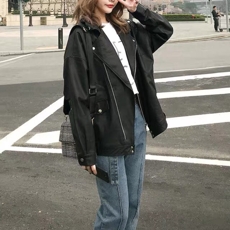 韓版休閒加厚寬鬆PU皮衣夾克短外套