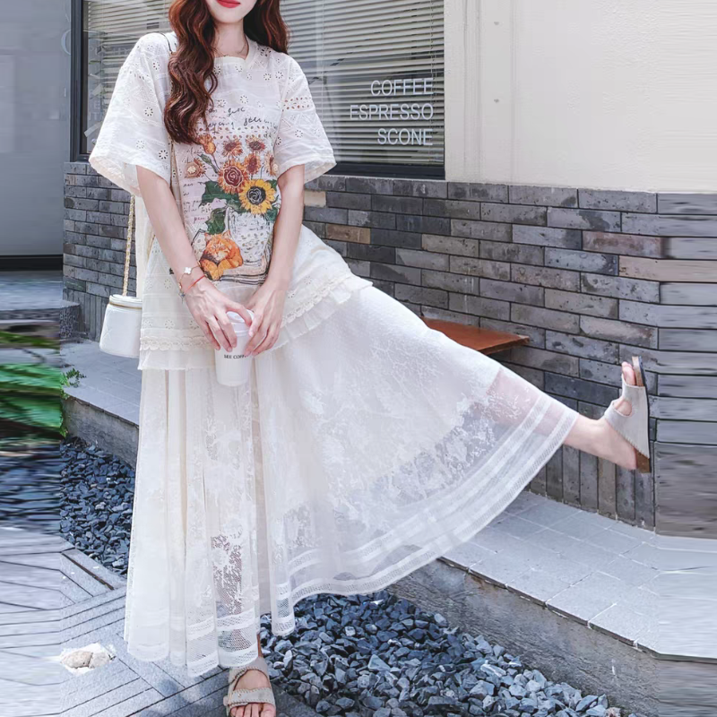 印花蕾絲上衣＋長裙套裝 刺繡細節 氣質優雅兩件式洋裝感穿搭