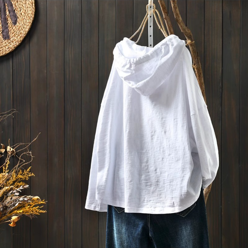 竹節棉連帽TEE文藝復古 長袖春裝新款寬鬆大版型遮肉上衣