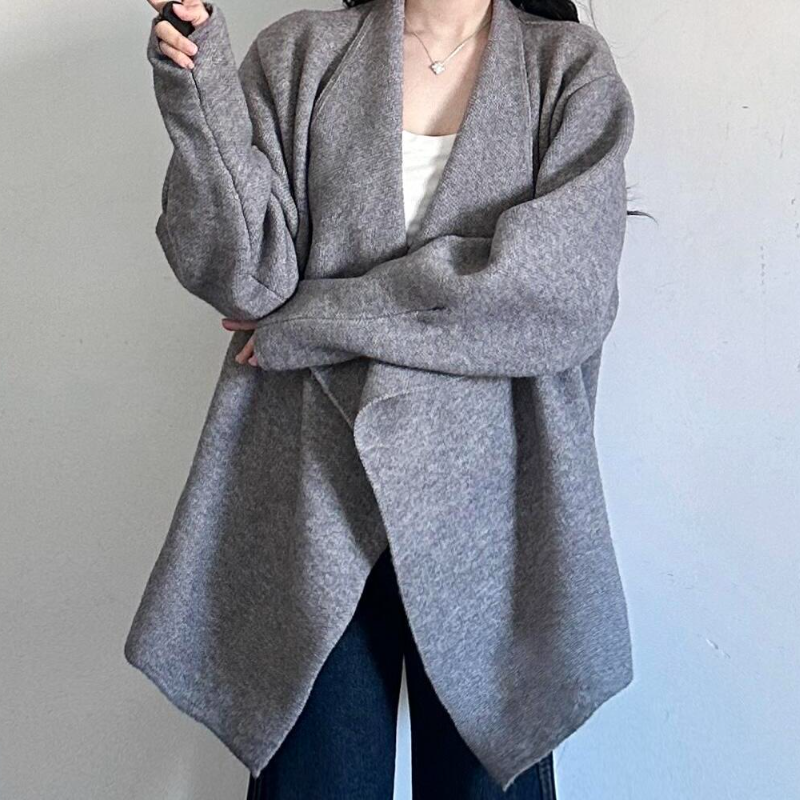 韓系V領針織外套＋高腰寬褲牛仔 兩件套 灰色上衣 綁帶設計