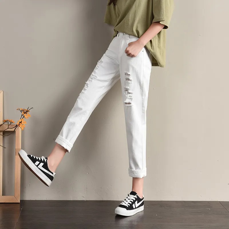 潮流韓妞 高人氣時尚寬鬆破洞顯瘦高腰哈倫九分牛仔褲