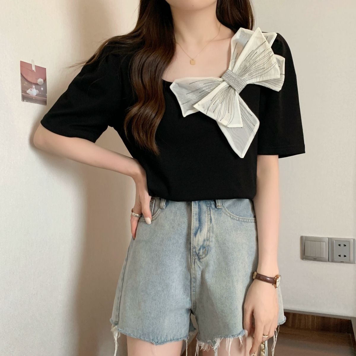 M-4XL蝴蝶結黑色短袖小方領T恤女設計感小眾氣質減齡上衣