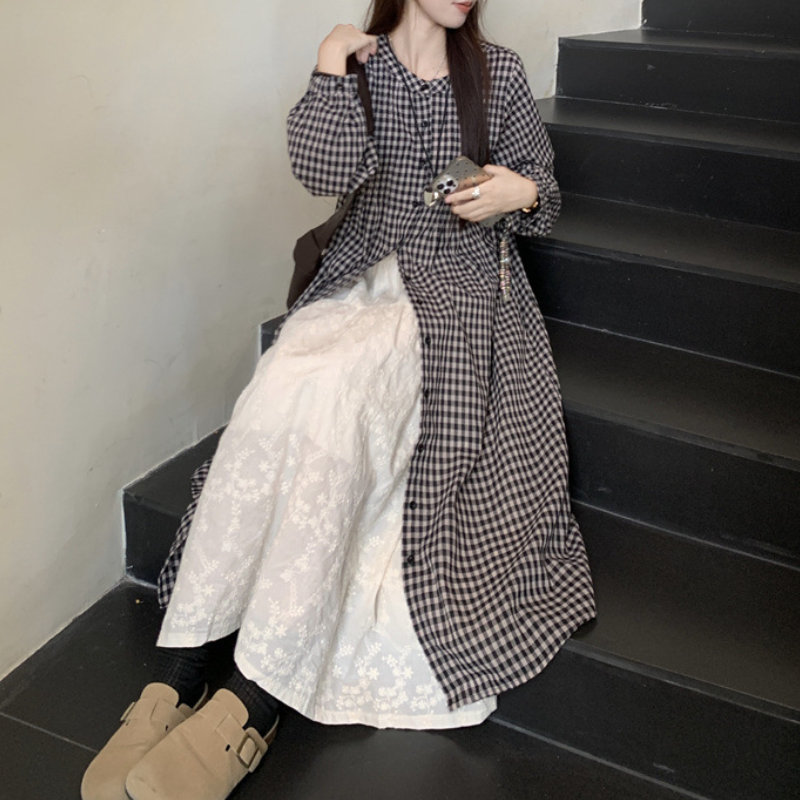 日系復古格紋襯衫洋裝 長袖寬鬆 可層次穿搭 慵懶風（嬌小友善）