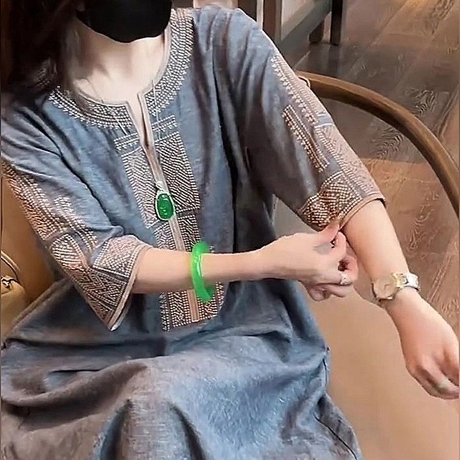 小香風立體刺繡顯瘦棉連身裙 寬鬆休閒大尺碼A字氣質洋裝