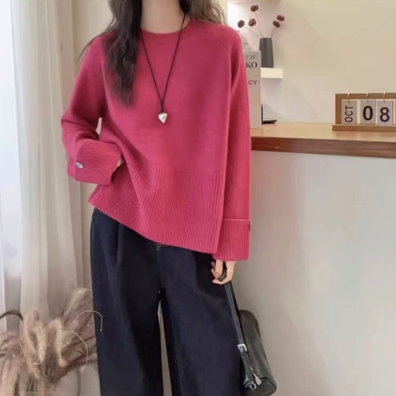 圓領慵懶針織上衣 秋冬新款 親膚柔軟 寬鬆版 袖口釦飾 百搭