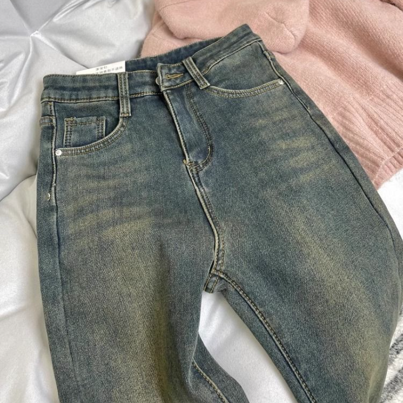 內刷毛加厚牛仔褲 復古藍 高腰直筒×微喇 靴型褲口 冬季保暖 顯瘦修飾