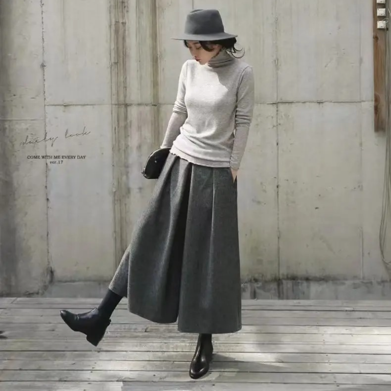 秋冬毛呢寬版裙褲 鬆緊腰九分休閒寬褲