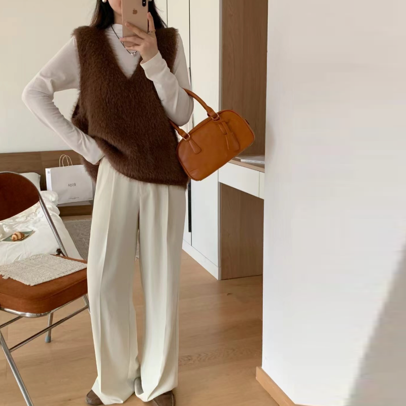 仿水貂絨V領針織背心 秋冬素色無袖毛衣背心