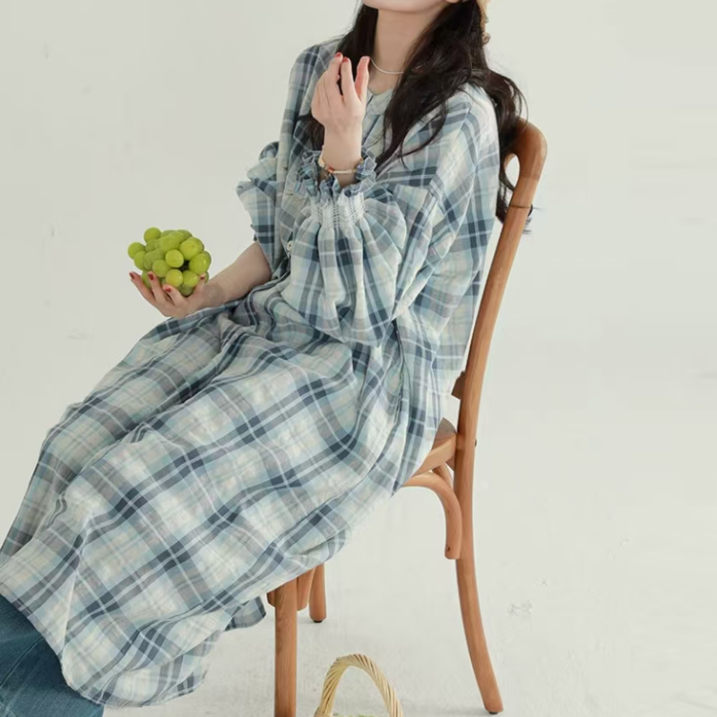 格紋圓領襯衫洋裝 收腰顯瘦 氣質長版內搭