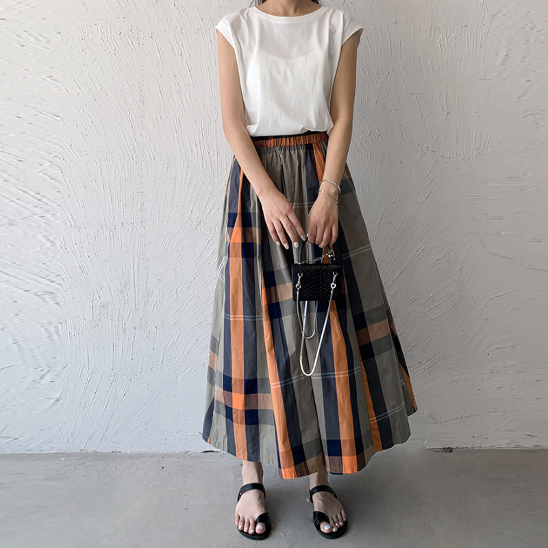 6色*日韓流行格紋寬版大擺百搭半身裙