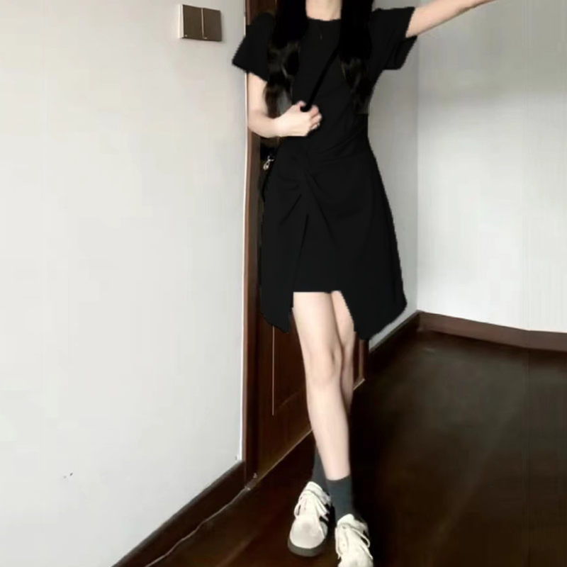 法式氣質收腰短袖連身裙 小眾設計圓領短裙