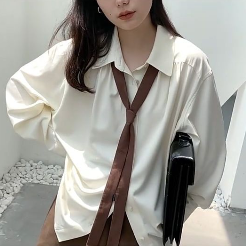 韓國春夏慵懶風寬鬆版型襯衫 小眾領帶設計（配領帶）
