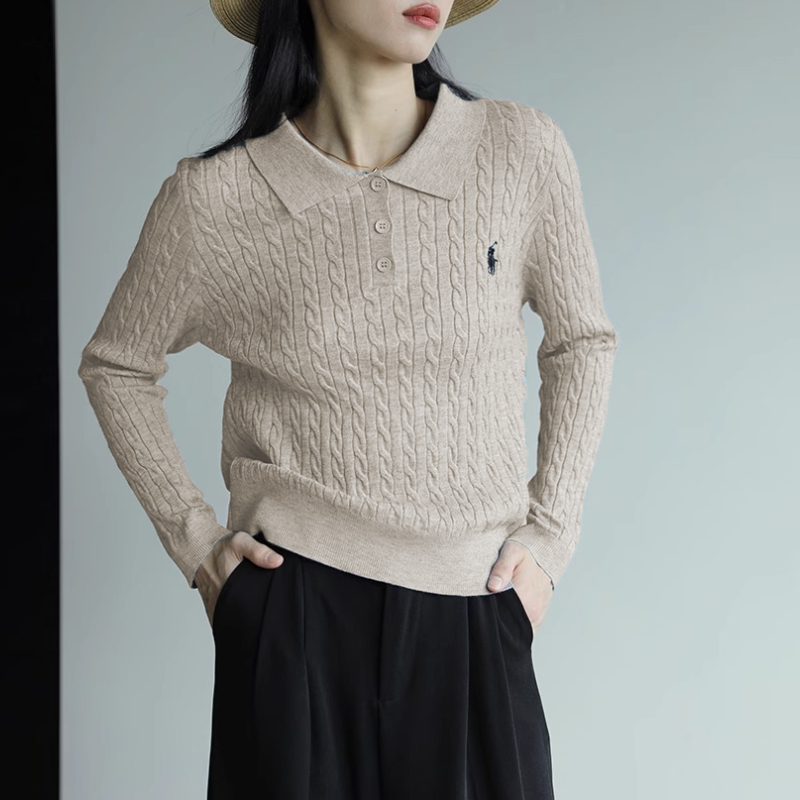 復古灰色翻領刺繡針織衫 通勤麻花毛衣顯瘦上衣