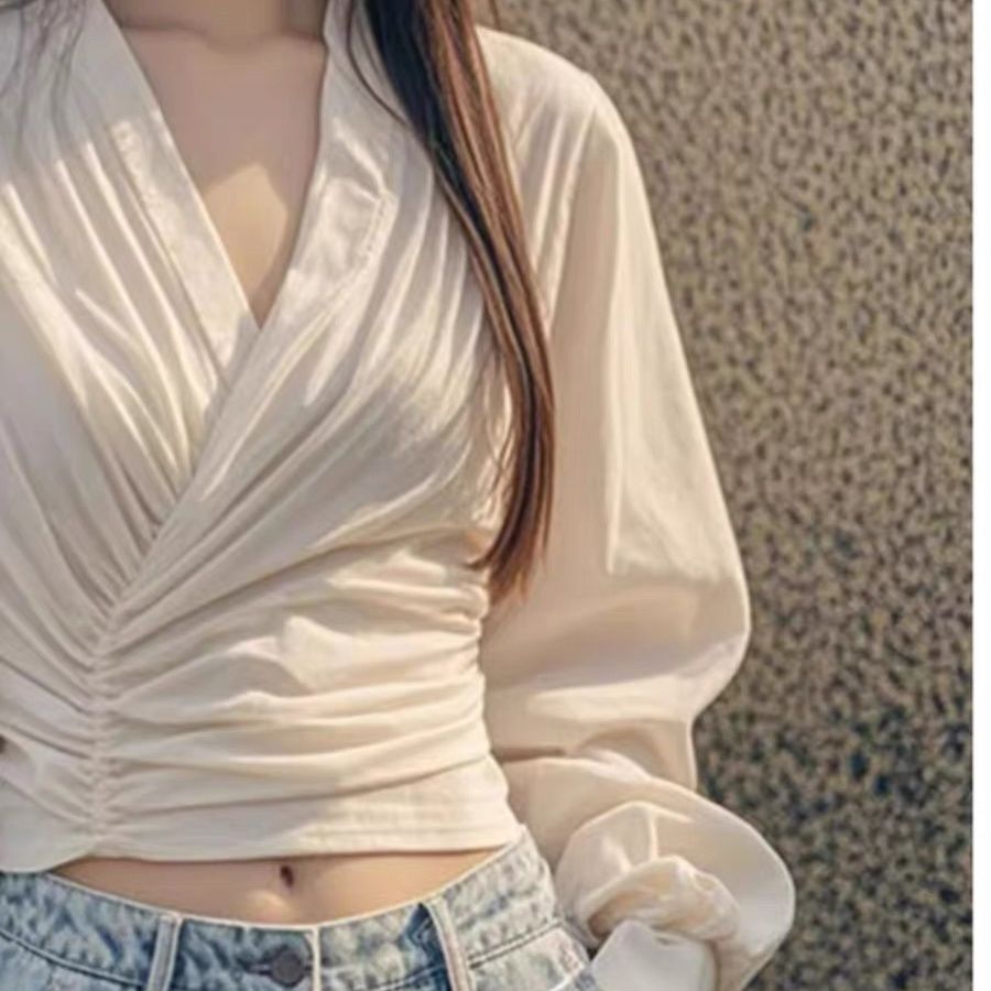 白色V領抽褶襯衫 早秋新款 法式設計感 輕熟有型