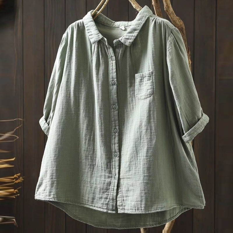 雙層棉紗寬鬆襯衫 五分袖設計 文青休閒百搭上衣