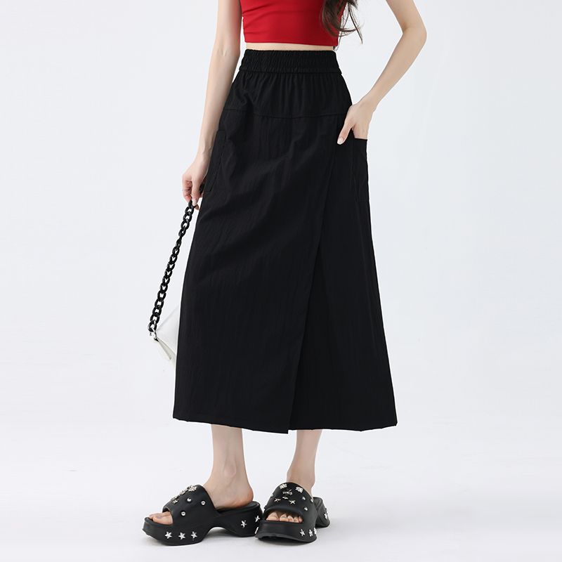 甜酷美式工裝冰絲褲裙 鬆緊腰不卡小腹 山本夏季高腰A字開叉半身裙