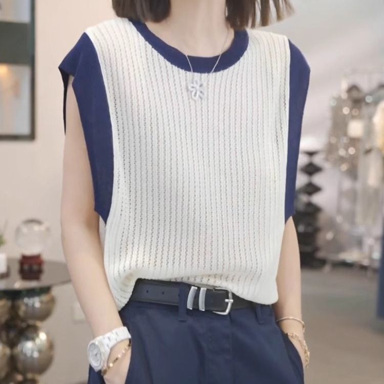 夏季冰涼針織鏤空上衣 條紋圓領小飛袖T恤 寬鬆百搭款