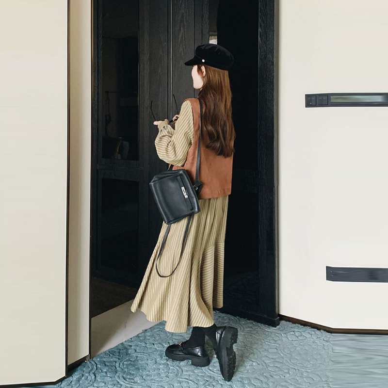 韓系條紋襯衫洋裝＋背心 兩件式套裝 長袖成套穿搭 設計感新款